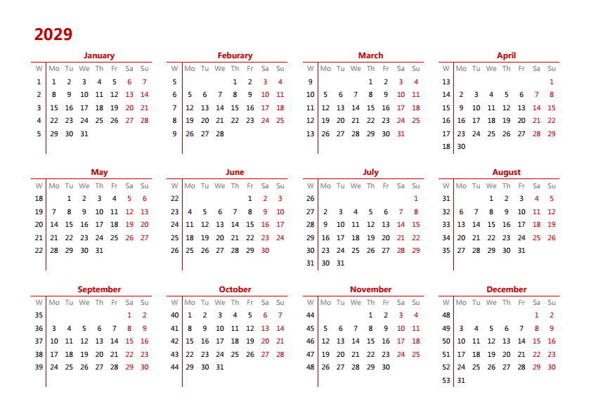 2029年日历 A4横向 英文版 无农历 有周数 周一开始